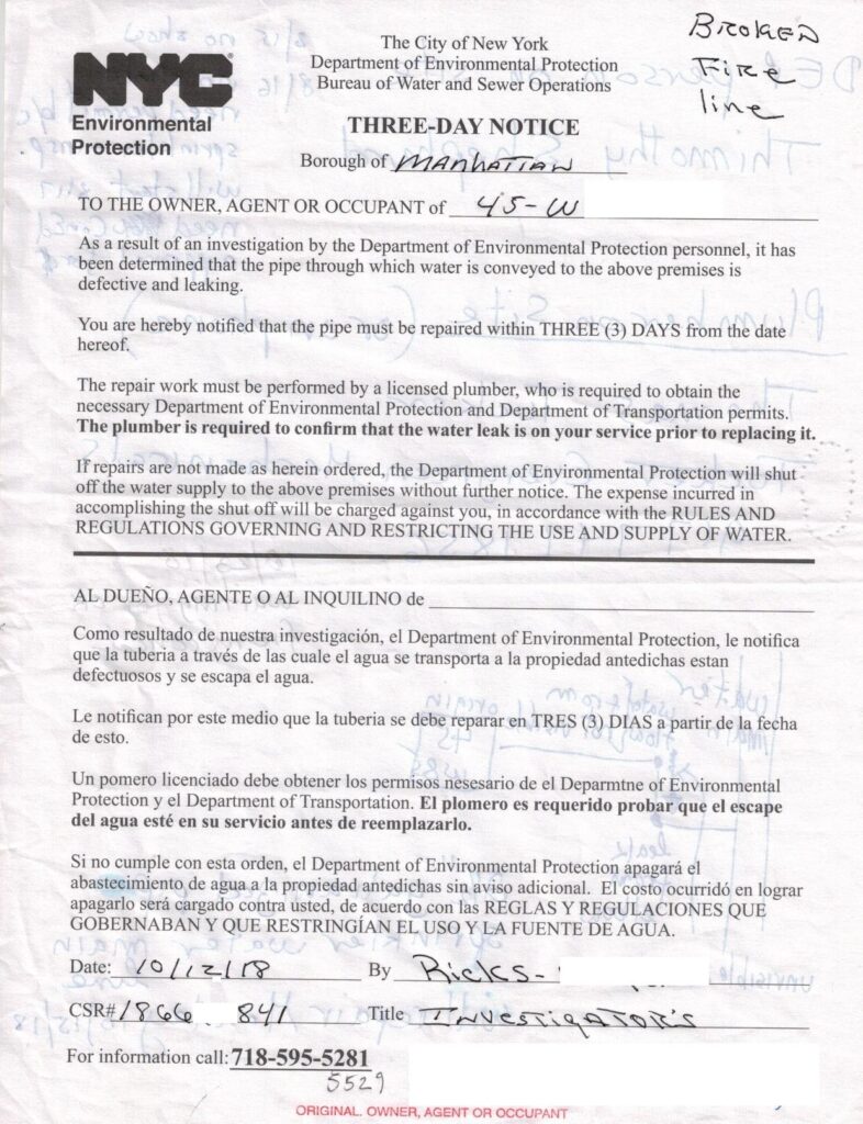 What is a DEP Three Day Notice | Brooklyn, Queens, Bronx & Manhattan Homeowners?