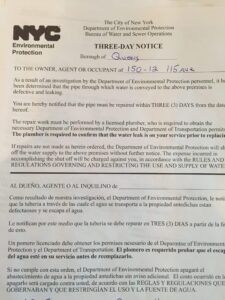 DEP three day notice Queens