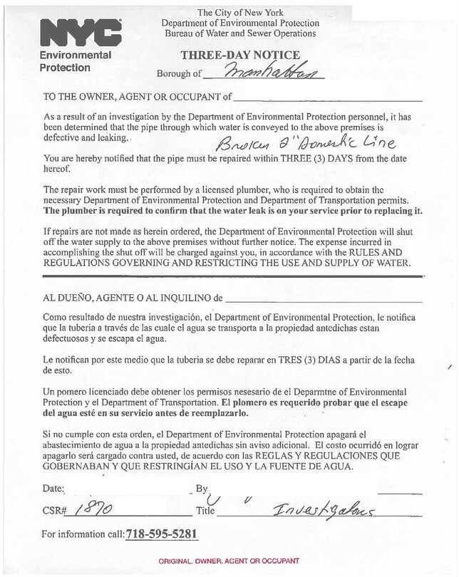 How to Handle DEP 3 Day Notice for Leaking Water Main in NYC